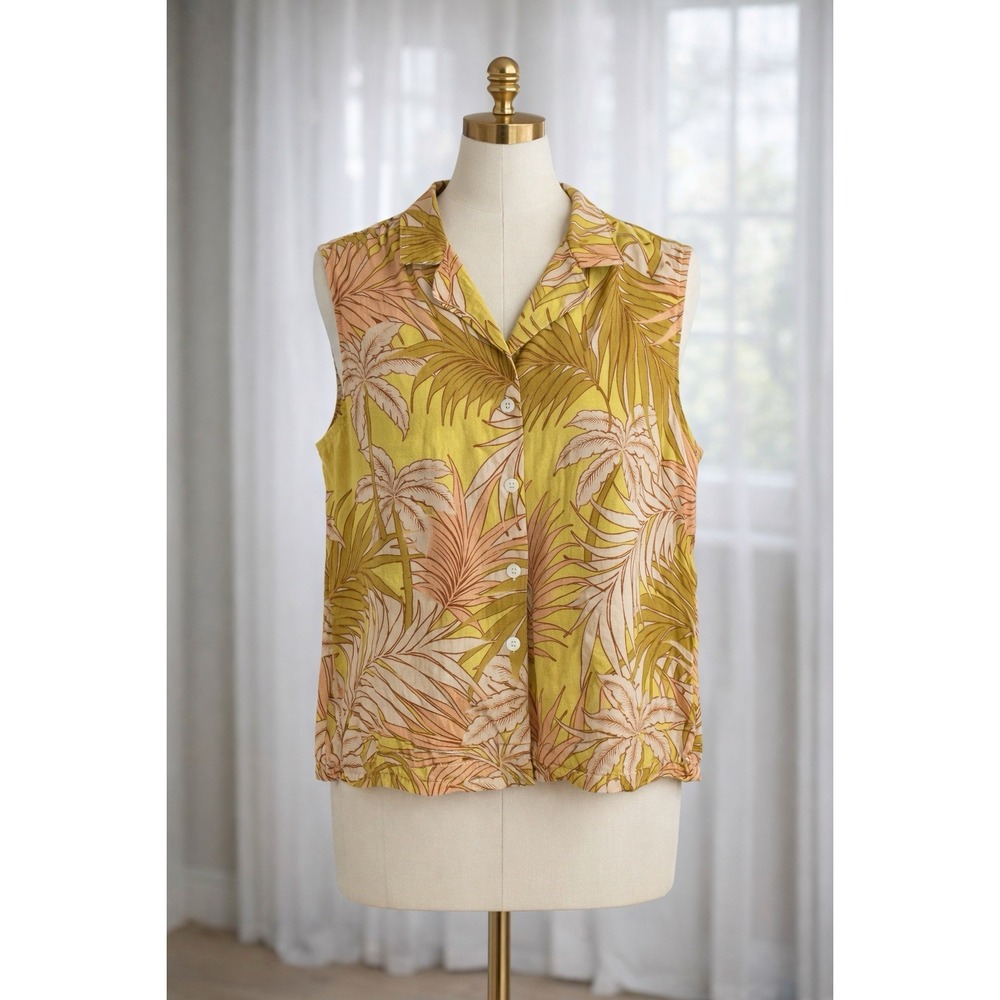 New Tahari 100% Linen European Flax Tropical Floral Sleeveless‎ Button-Up Top L